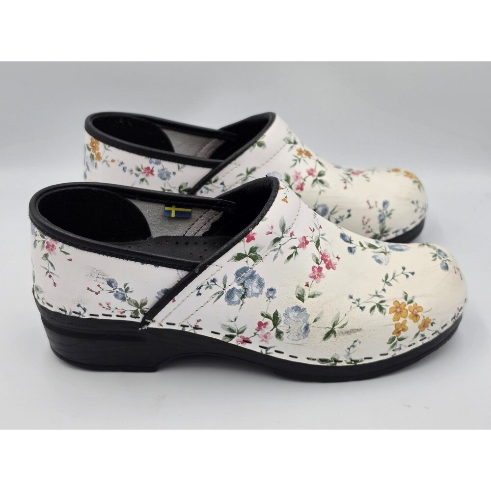 Bjork PRO Linnea Womens Leather White Floral Clogs Size EU 39-40 US 9